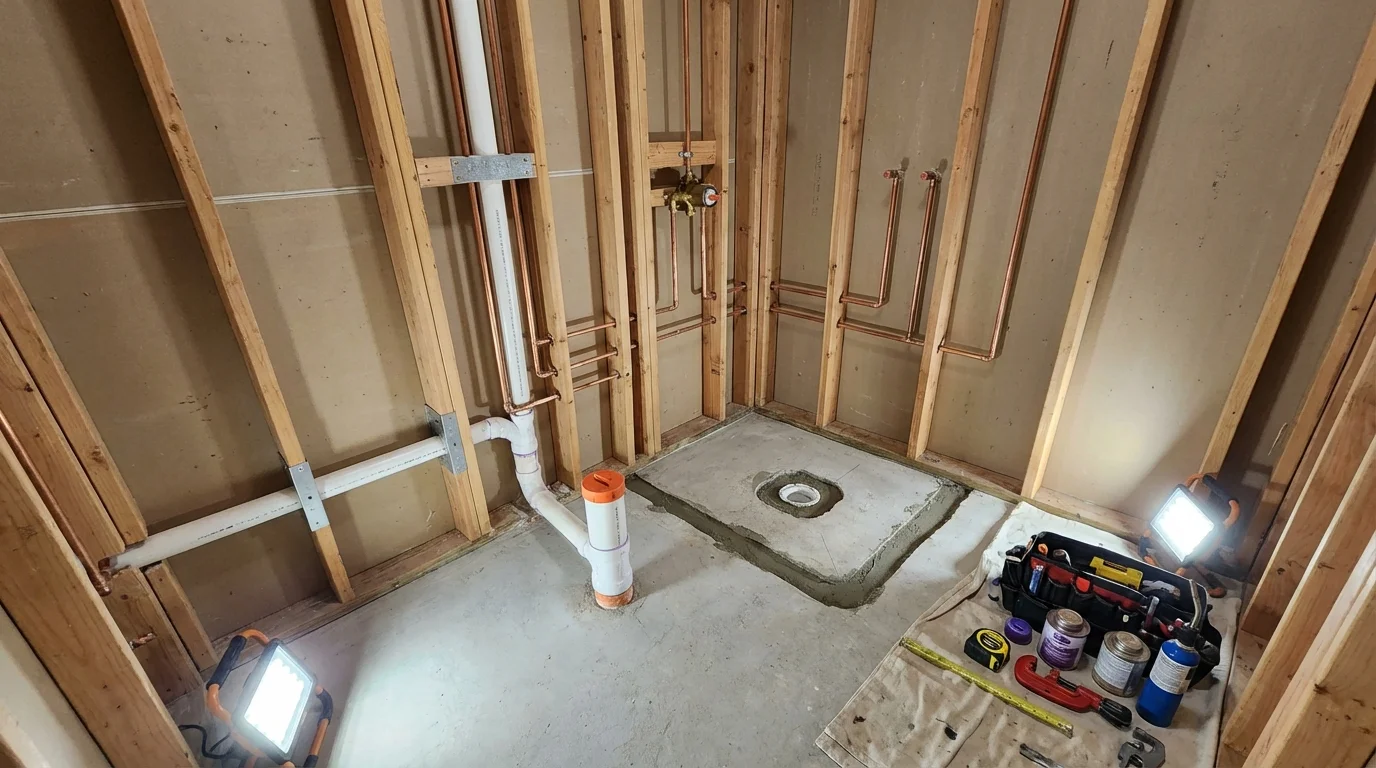 Bathroom rough-in plumbing during remodel by Johns Plumbing LLC in Delmar