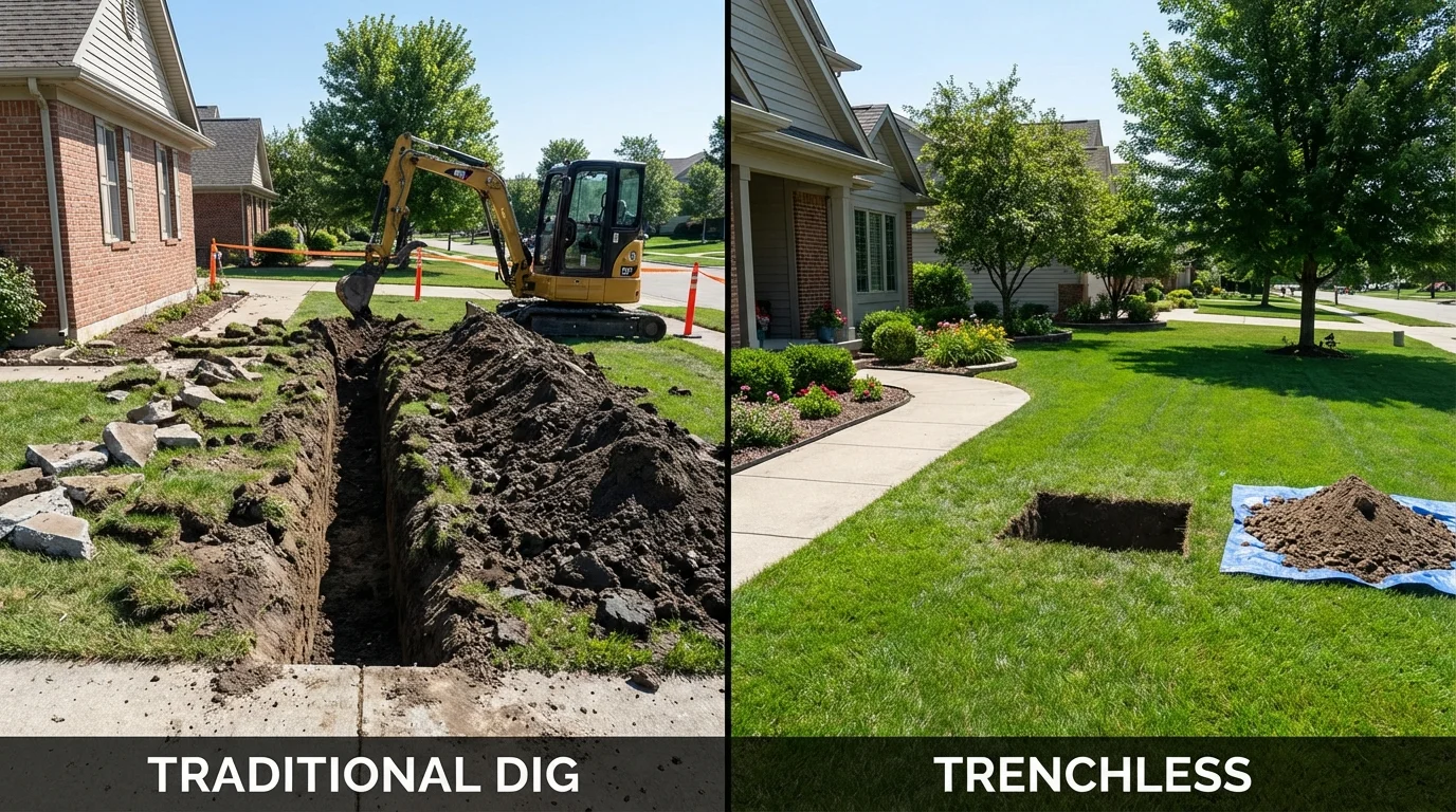 Trenchless sewer repair with minimal yard damage versus traditional excavation in Delmar, NY